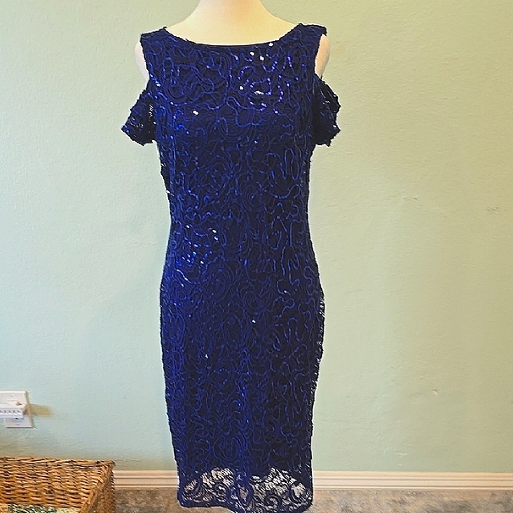 MARINA Blue Sequin Cold Shoulder Sheath Midi Dress